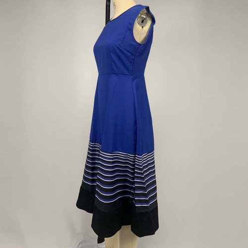 Ruffle Overlay Stripped Borders Printed Sleeveless Midi Dress - Blue image