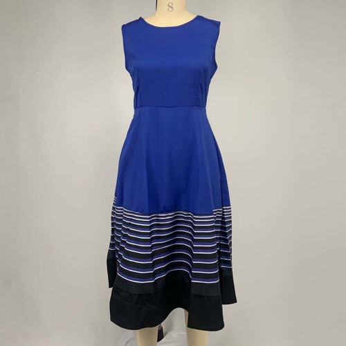 Ruffle Overlay Stripped Borders Printed Sleeveless Midi Dress - Blue image