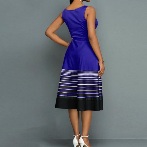 Ruffle Overlay Stripped Borders Printed Sleeveless Midi Dress - Blue image