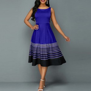 Ruffle Overlay Stripped Borders Printed Sleeveless Midi Dress - Blue