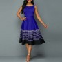 Ruffle Overlay Stripped Borders Printed Sleeveless Midi Dress - Blue