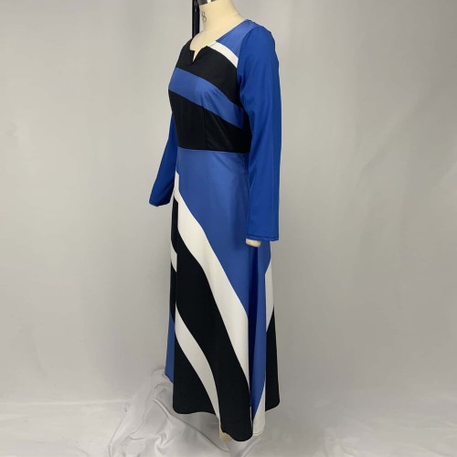 V-neck Geometric Stripe Print Stitching Maxi Dress - Blue image