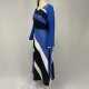 V-neck Geometric Stripe Print Stitching Maxi Dress - Blue image