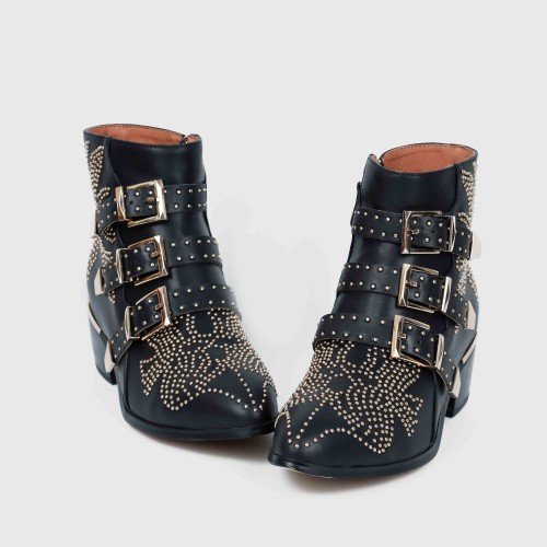 Rivets Decorated Thick Heel Pointed Boots Shoes - Black | image