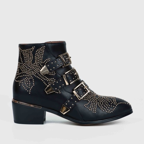 Rivets Decorated Thick Heel Pointed Boots Shoes - Black | image