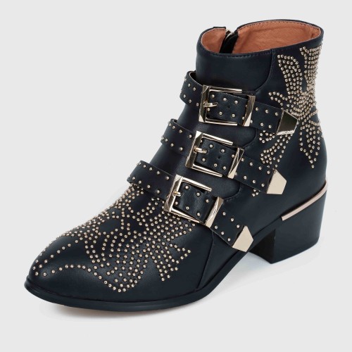 Rivets Decorated Thick Heel Pointed Boots Shoes - Black | image
