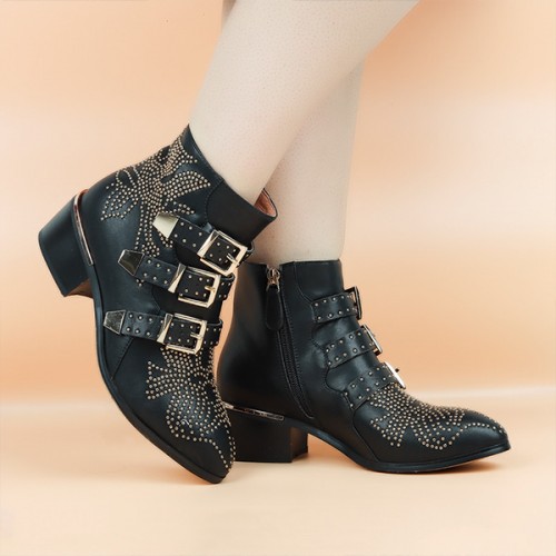 Rivets Decorated Thick Heel Pointed Boots Shoes - Black | image