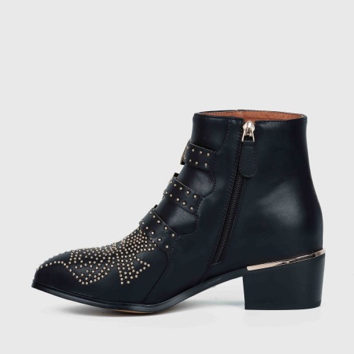 Rivets Decorated Thick Heel Pointed Boots Shoes - Black | image