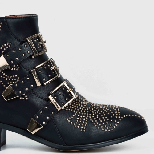 Rivets Decorated Thick Heel Pointed Boots Shoes - Black | image