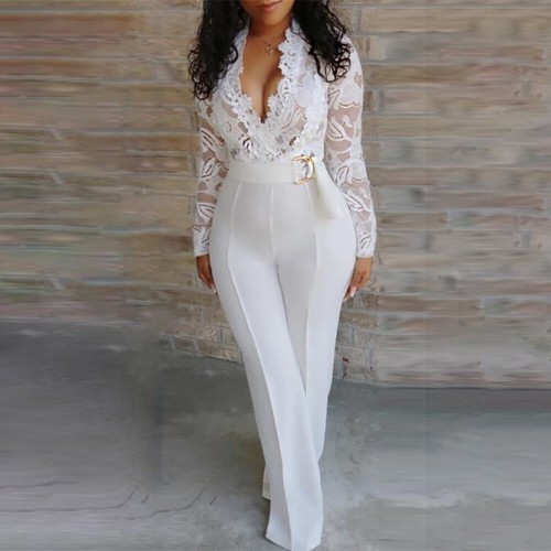 Latest Hollow Lace Stitched V-neck Jumpsuit Party Dress - White image