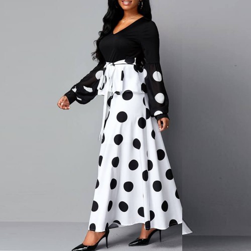 Stylish Polka Dot V-neck Full-sleeve Maxi Casual Dress - Black image