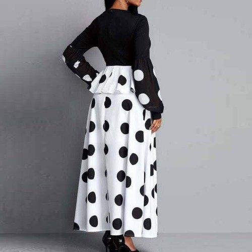 Stylish Polka Dot V-neck Full-sleeve Maxi Casual Dress - Black image