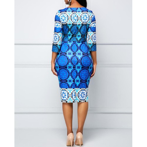 Stylish Vintage Print Round-neck Midi-skirt Casual Dress - Blue image