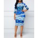 Stylish Vintage Print Round-neck Midi-skirt Casual Dress - Blue image