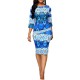 Stylish Vintage Print Round-neck Midi-skirt Casual Dress - Blue image