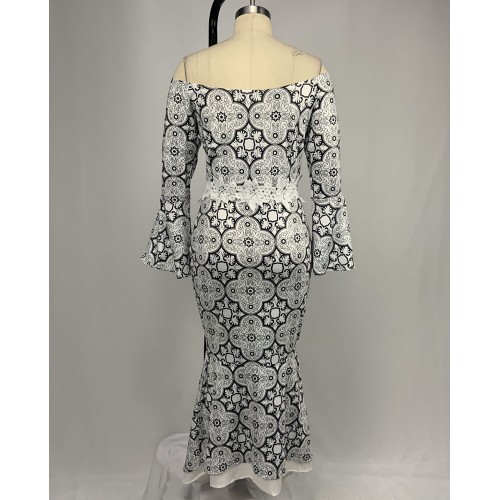 Stylish Printed Lace Robe Mermaid Ruffle Dress - White image