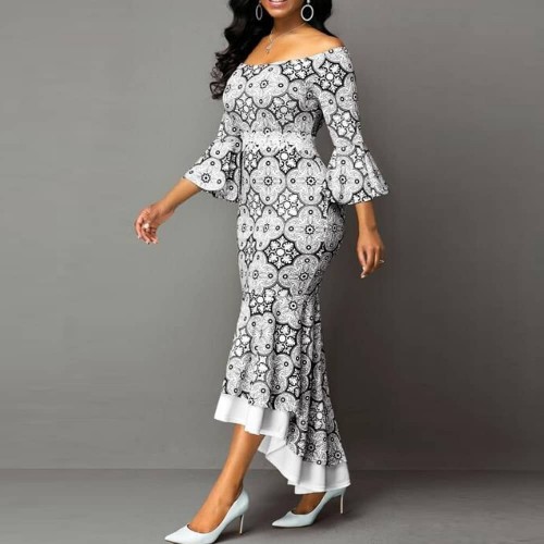Stylish Printed Lace Robe Mermaid Ruffle Dress - White image