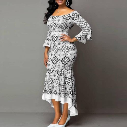 Stylish Printed Lace Robe Mermaid Ruffle Dress - White image