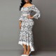 Stylish Printed Lace Robe Mermaid Ruffle Dress - White image