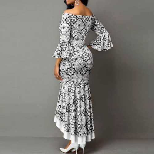 Stylish Printed Lace Robe Mermaid Ruffle Dress - White image