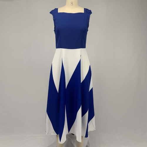 Trending Contrast Geometric Sleeveless Long Dress - Blue|image