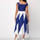 Trending Contrast Geometric Sleeveless Long Dress - Blue|image