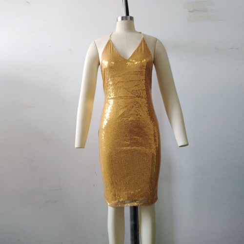 Trending Hot V Neck Slim Fitted Sequined Party Dress - Gold image