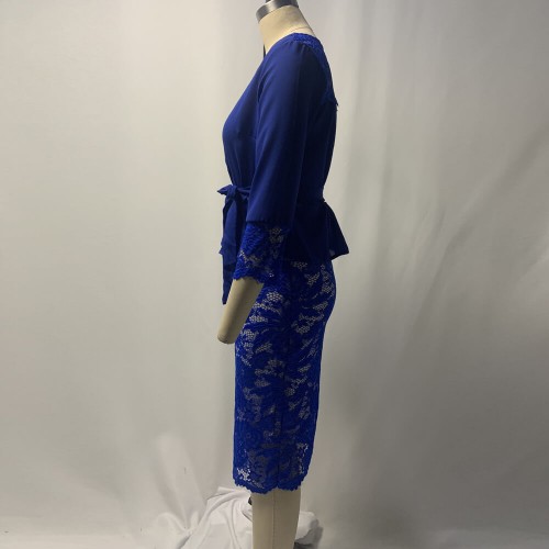 Hollow Lace Stitched Pencil Skirt V-Neck Party Dress - Blue image