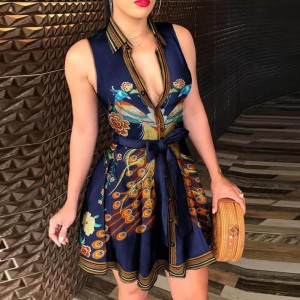 Latest Summer Hot Deep V-neck Mini-skirt Party Dress - Blue