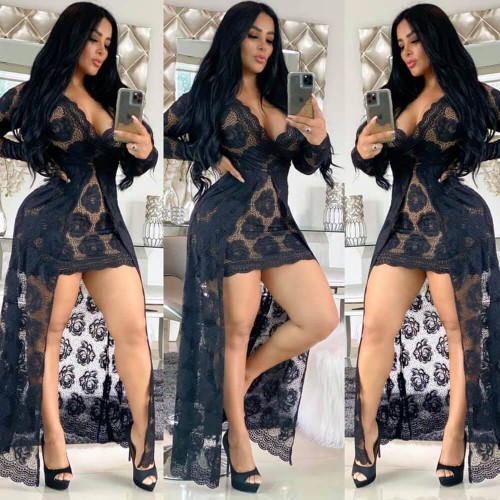 Hot Lace Hollow Floral Designed Long Party Dress - Black image
