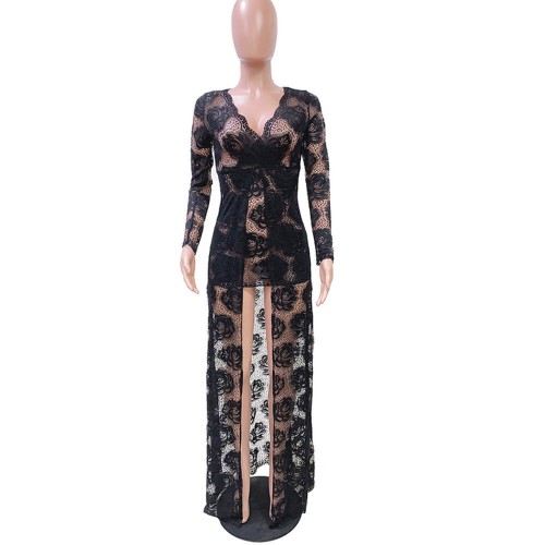Hot Lace Hollow Floral Designed Long Party Dress - Black image