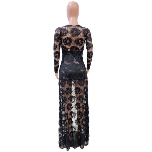 Hot Lace Hollow Floral Designed Long Party Dress - Black image