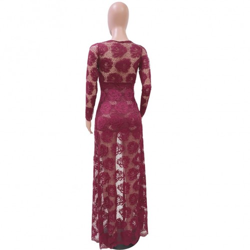Hot Lace Hollow Floral Designed Long Party Dress - Red image