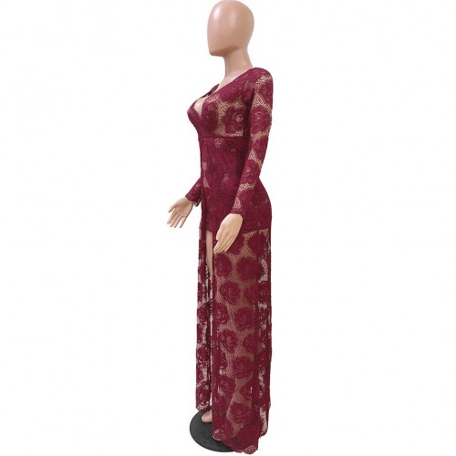 Hot Lace Hollow Floral Designed Long Party Dress - Red image