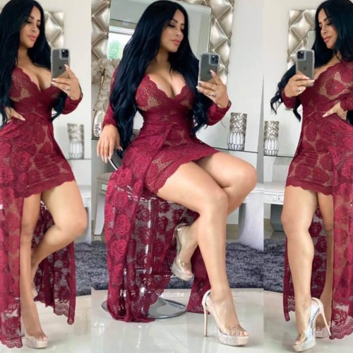 Hot Lace Hollow Floral Designed Long Party Dress - Red image