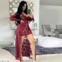 Hot Lace Hollow Floral Designed Long Party Dress - Red