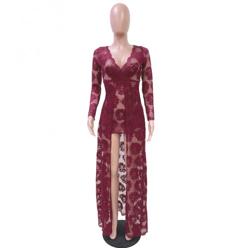 Hot Lace Hollow Floral Designed Long Party Dress - Red image
