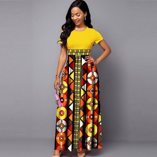 Multicolor Print Short-sleeve Maxi Casual Dress - Yellow image