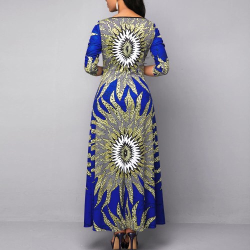 Stylish Floral Print Full-sleeve Maxi Casual Dress - Blue image
