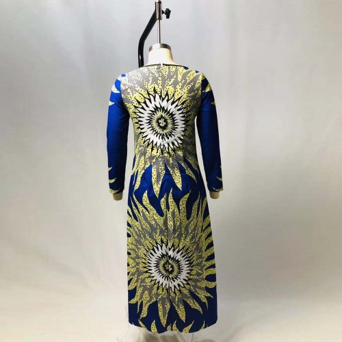 Stylish Floral Print Full-sleeve Maxi Casual Dress - Blue image