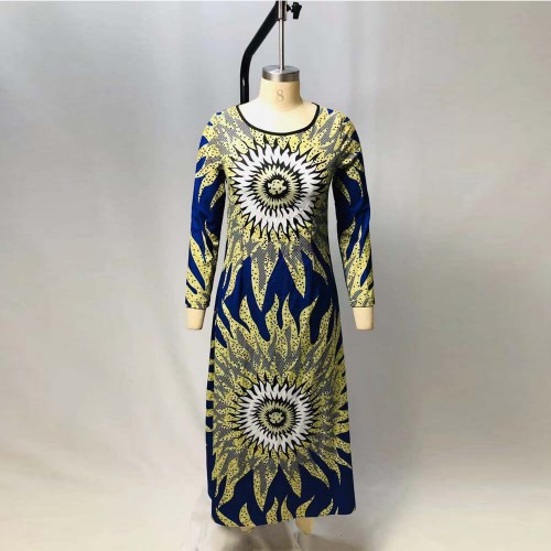 Stylish Floral Print Full-sleeve Maxi Casual Dress - Blue image