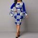 Round Neck Bell Sleeves Midi Skirt Casual Dress - Blue image