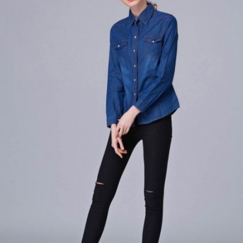 New Trending Fashion Denim Dual Pocket Full Sleeve Shirt - Blue image
