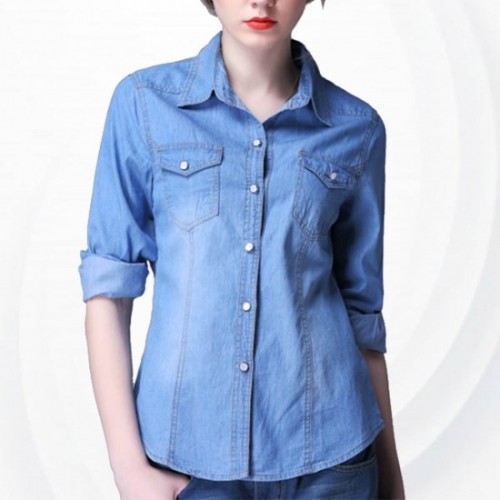 New Trending Fashion Denim Dual Pocket Full Sleeve Shirt - Light Blue image
