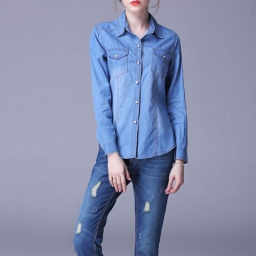 New Trending Fashion Denim Dual Pocket Full Sleeve Shirt - Light Blue image