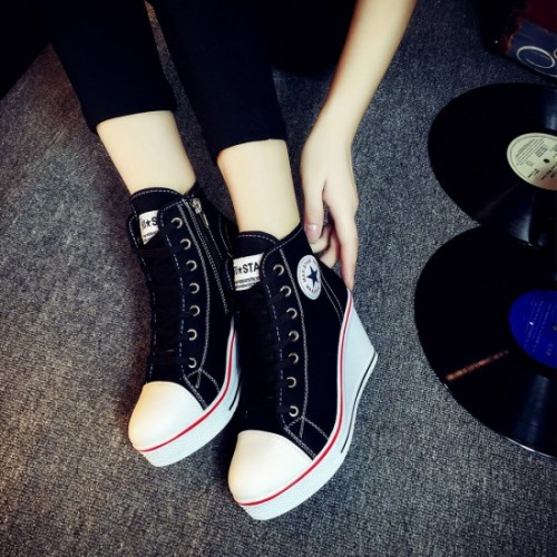 High Wedge Platform Canvas Sneaker Shoes - Black image