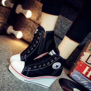 High Wedge Platform Canvas Sneaker Shoes - Black
