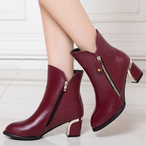 Latest Thick Heel Pointed Short Boots Women Shoes - Red image
