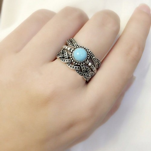 Antique Silver Blue Stone 3 Piece Vintage Ring Set-Silver image