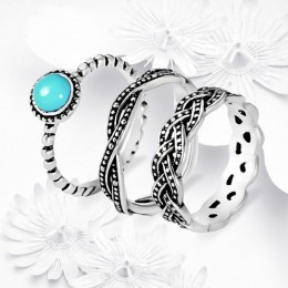 Antique Silver Blue Stone 3 Piece Vintage Ring Set-Silver